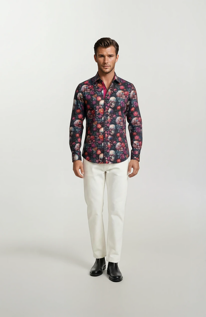 Claudio Lugli Skulls and Flowers Print Shirt